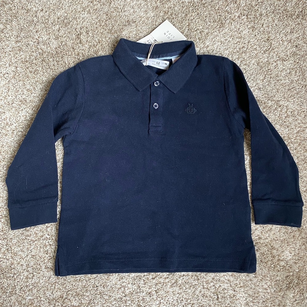 Zara Boys Long Sleeve Navy Blue Polo Shirt 2-3yrs NWT